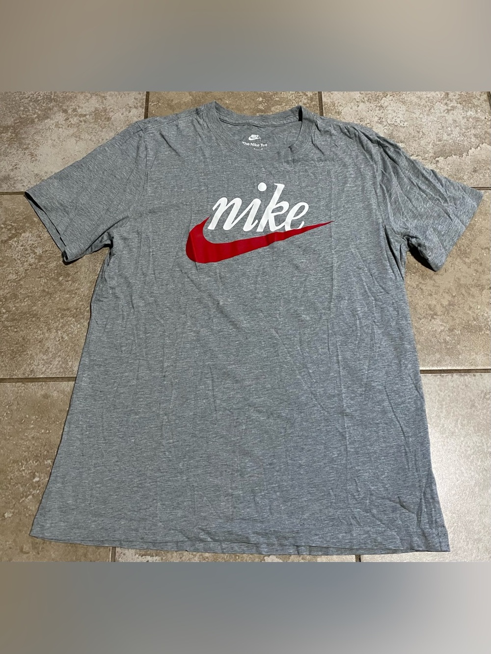 Nike Sportswear Cursive Graphic Swoosh Tee - Heather Grey/Red - Size M